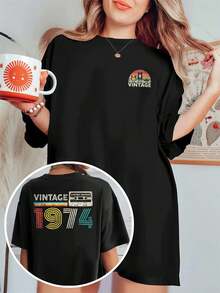 Vintage 1974 Cassette Top , Women's Double Sided Printed Fashion Casual Round Neck 220gsm Cotton T-Shirt (1 PC)