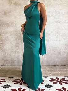 1pc Elegant Solid Color Backless Knit Fabric Dress, Suitable For Party, Wedding, Birthday, Back To School, Summer