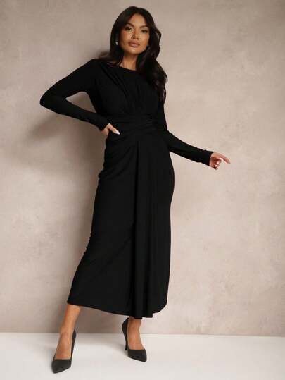 Fitted Dress With Long Sleeves, Ruching And Train