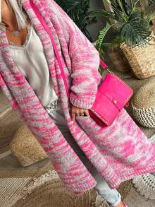 Damen Große Größen Lässig Farbverlauf Mittellanger Cardigan, gestrickter langer Windbreaker Pullover Mantel für Herbst/Winter - Pink - Übersicht 2