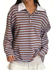 Women's Striped Rugby Polo Shirt Y2K Preppy Collared Long Sleeve Sweatshirt Lapel V Neck Oversized Pullover Tops - 藍色 - 查看 1