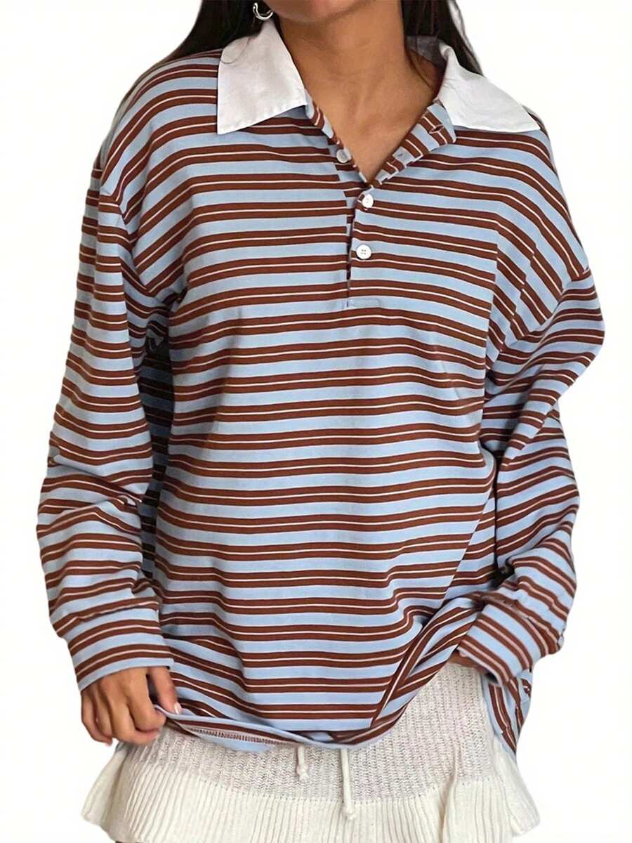 Women's Striped Rugby Polo Shirt Y2K Preppy Collared Long Sleeve Sweatshirt Lapel V Neck Oversized Pullover Tops - 藍色 - 查看 1