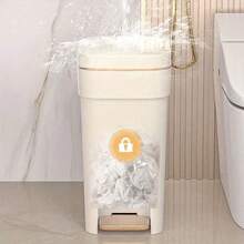 1 pieza Papelera de baño compacta básica de plástico, con pedal sin manos, cierre silencioso, diseño de pedal ligero con aro para bolsa de basura, estética moderna rectangular de gran capacidad, viene con tapa para protección contra olores, adecuada para oficina, dormitorio, cocina, sala de estar, color dorado champán, accesorios de baño, decoración de habitación
