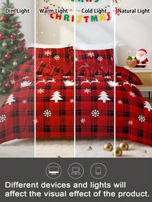 3件套圣诞红色格子圣诞老人雪花印花床上用品套装（1个被套和2个枕套），柔软亲肤，四季皆宜，圣诞礼物 - 彩色 - 查看 8