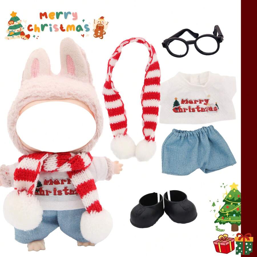 Weihnachtliche Atmosphäre Schal Dekorations-Set, Weihnachts-Muster T-Shirt, für LABUBU Set, modische Accessoires Zubehör, Urlaubs-Geburtstaggeschenk (ohne Plüschpuppe)