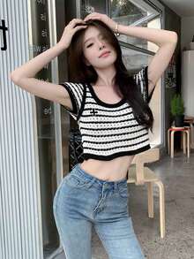 Áo len dệt kim cổ tròn kẻ sọc vintage Niche dành cho nữ - Đen và trắng - Xem 6