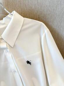 Plus Size Women's Fashion Commuter Pure White Collar Long Sleeve Asymmetrical Hem Pleated Tie Embroidered Horse Pattern Blouse, Office Wear, Autumn/Winter - White - View 7