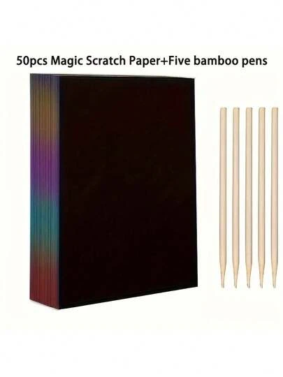 50 Rainbow Scratch-Off Sheets With Wooden Stylus, Creative Arts And Crafts For Kids