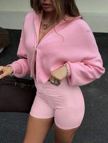 Cárdigan de punto con cremallera doble, estilo retro americano, suéter para mujer - Rosa - Ver 5