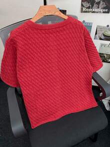 Women's Casual Loose Short Sleeve Twist Flower Knit Cardigan, Spring/Autumn - Red - View 2