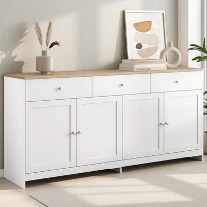 Aparador, cómoda de 4 puertas y 3 cajones, mueble de cocina con estantes regulables, mueble buffet, mueble de almacenaje para salón, comedor, cocina, recibidor, color natural y blanco.