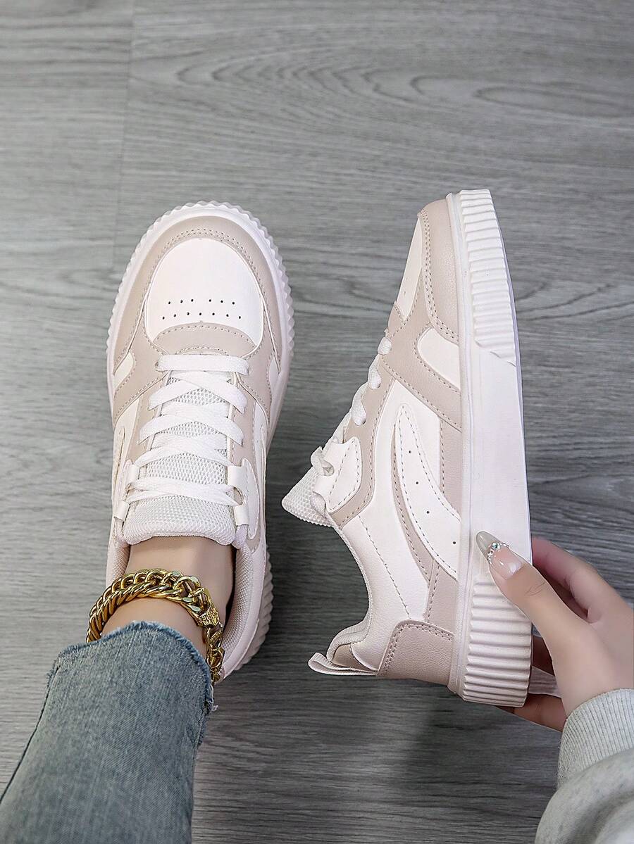 2025新款女士运动鞋时尚女鞋轻便透气鞋子街头风个性滑板鞋 - 米色 - 查看 1