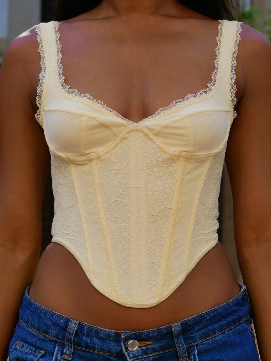 女士服装白色蕾丝吊带背心背心白色胸罩透气休闲夏季女士保暖天气 - 黃色 - 查看 1