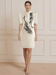 Amyenjoylife 现代菲律宾传统服饰连衣裙，优雅蝴蝶袖菲律宾传统服饰，女士优雅气质印花泡泡袖衬衫裙，现代菲律宾传统服饰，香槟色连衣裙 - 香檳色 - 查看 4