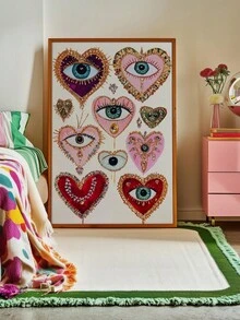 1pc Canvas Wall Art Poster With Optional Frame, Gothic Evil Eye & Heart Shape Print Poster, Vintage Dark Maximalism Art Style, Suitable For Living Room, Bedroom Wall Hanging, Tabletop Display, Ideal Wall Art Home Decor Gift