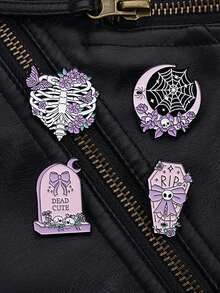 4Pcs Halloween Coffin RIP Bowknot Enamel Pin Witchy Moon Spider Web Spooky Brooches Lapel Badge Jewelry Accessories Gifts For Friends