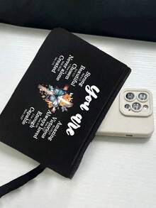 黑色亚麻手提包，带拉链口袋，饰有十字架、蝴蝶、花卉和字母图案，女士手提包，生日、派对、节日礼物，基督教主题手提包和化妆包套装，字母设计购物袋，适合婚礼、生日和其他场合，送给家人和朋友的最佳礼物，男女通用，情侣款，日常使用 - 彩色 - 查看 3