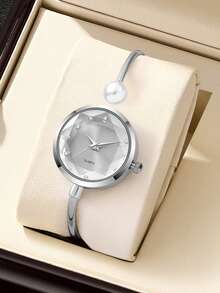 1pc Women's Delicate Bracelet Watch With 1 Large Pearl, Diamond-Cut Glass Crystal Dial, Minimalist Quartz Watch - Silver - View 4