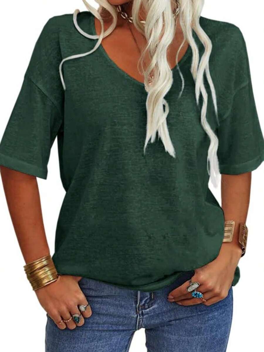 Women's 3/4 Sleeve Shirts V Neck Loose Fitting Tops Casual Solid Color Tshirts  Basic Tunic Summer Ladies Tops - 綠色 - 查看 1