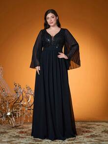 Mgiacy,V Neck,Sequin Embroidery,High-End,Plus Size Ball Dress,Flounce Sleeve,Chiffon,Long Dress,Parties And Weddings,Black,Elegant Dresses For Women - Black - View 5