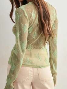Womens Tie-Up Front Tops Long Sleeve V Neck Slim Fit Sheer Lace Shirts Spring Fall Blouses - 綠色 - 查看 7