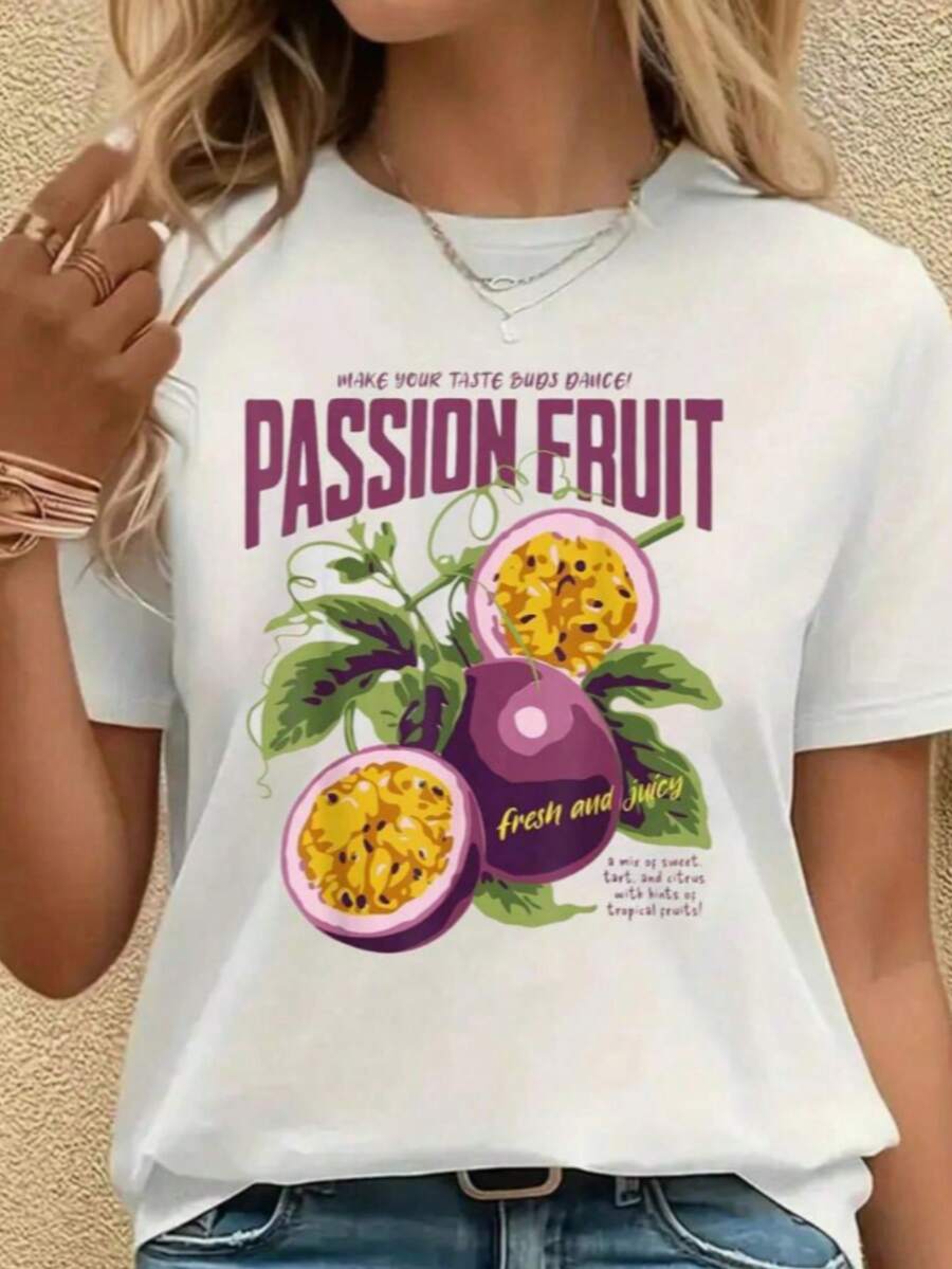 Retro-Style Tropical Passion Fruit Graphic For Fruit Lovers T-Shirt, Casual Crew Neck Short Sleeved Summer Top - trắng - Xem 1