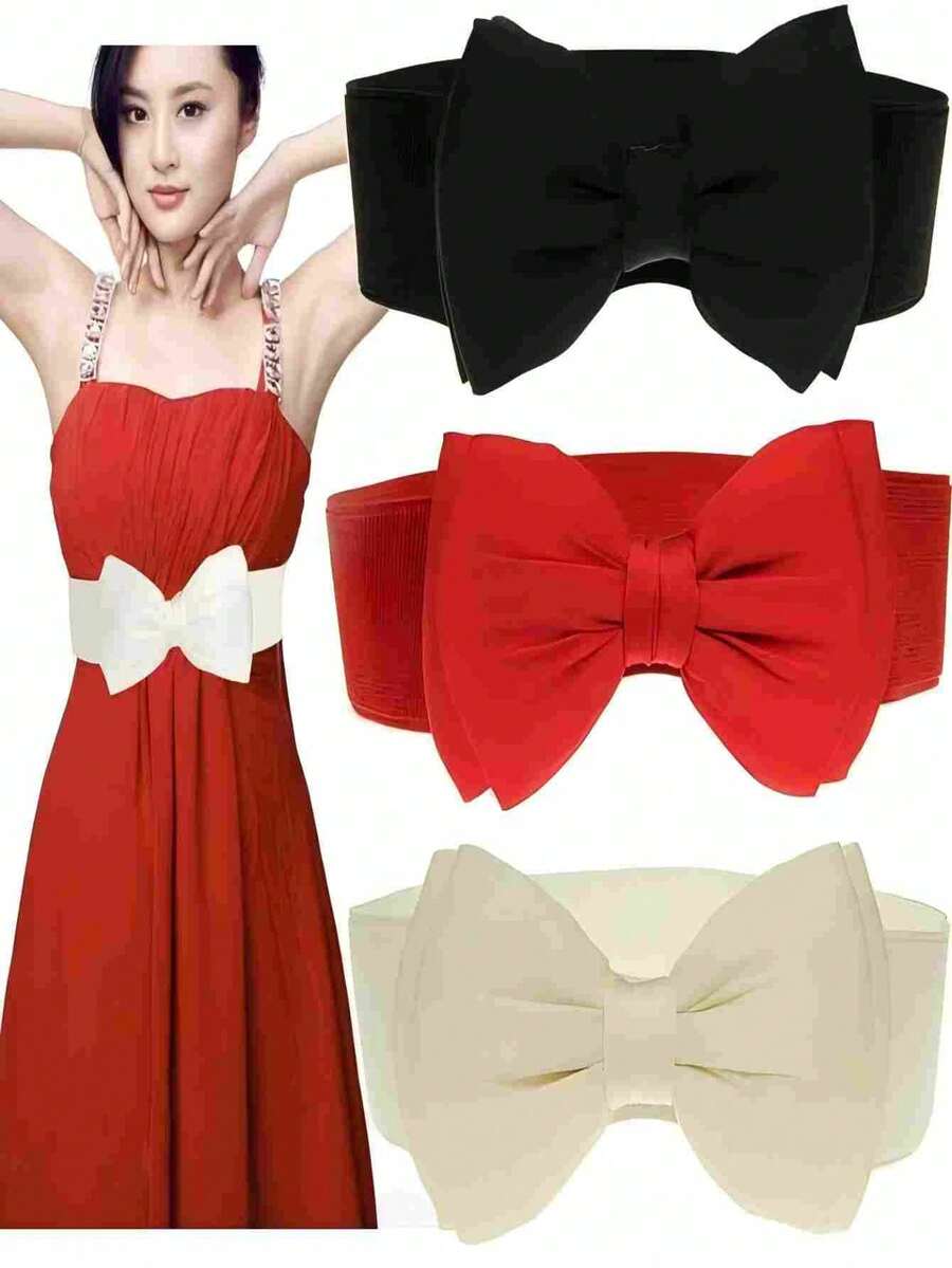1 peça cinto elástico com laço feminino, acessório para vestido casual - Preto - Ver 1