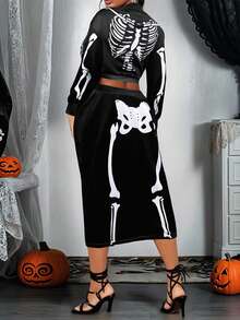 2025 Plus-Size Halloween Costume New Casual Plus-Size Two Pieces Suit, Early Autumn And New Autumn, Day Of The Dead, Easter, Western Style, Parties, Student Costumes, Holiday Restrictions, Role-Playing Dances And Other Scenes, Popular Online Goods, Skull Pattern Printing, Knitted Fabrics, Suitable For Going Out To Wear.