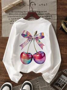 1 chiếc áo thun dài tay in hình quả anh đào dành cho bé gái tuổi teen, kiểu dáng thường ngày, thích hợp cho mùa xuân và mùa thu, thời trang, ấm áp và thoải mái, lý tưởng cho học sinh và thanh thiếu niên. - trắng - Xem 1
