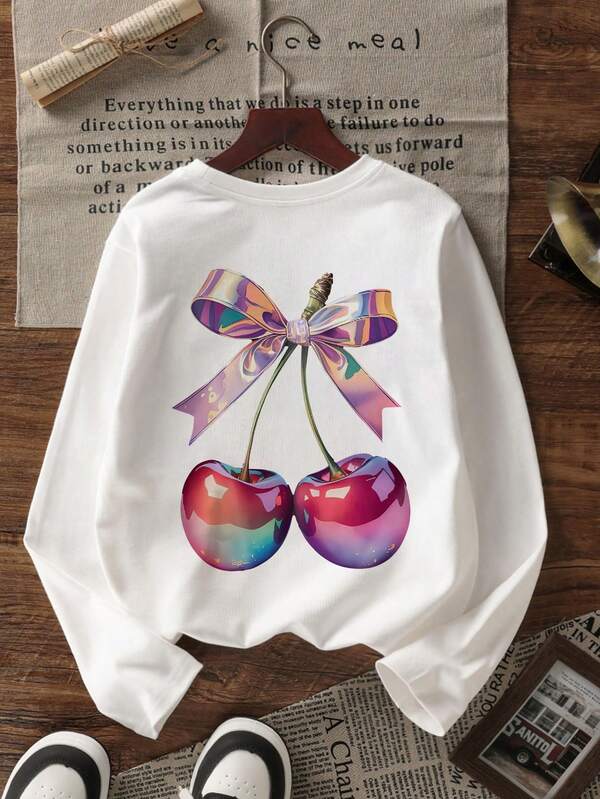 1pc Tween Girls' Casual Cherry Print Long Sleeve T-Shirt, Spring/Autumn, Fashionable, Warm And Comfortable Design For Young Students And Teenagers