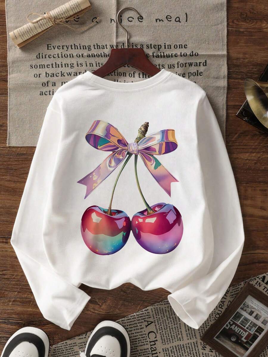 1 chiếc áo thun dài tay in hình quả anh đào dành cho bé gái tuổi teen, kiểu dáng thường ngày, thích hợp cho mùa xuân và mùa thu, thời trang, ấm áp và thoải mái, lý tưởng cho học sinh và thanh thiếu niên. - trắng - Xem 1