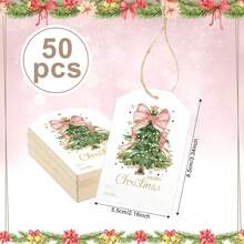 50 件圣诞纸质礼品标签圣诞小标签圣诞纸质悬挂标签贴纸带黄麻绳适用于季节活动 - 彩色 - 查看 4
