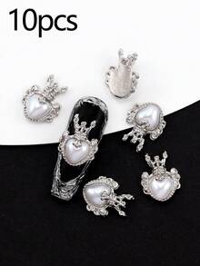 10 Pieces Of Nail Art Nail Accessories, Three-Dimensional Exquisite Crown Set With Heart And Pearl, Charming DIY Nail Products