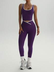 女士高腰瑜伽健身套装 - 拼色运动上衣和紧身裤，弹性涤纶混纺，非常适合跑步和训练 - 紫色 - 查看 6