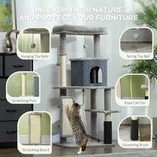 PawHut Cat Tree Tower Scratching Post Bed House, 132cm, Light Grey - Light Grey - View 4