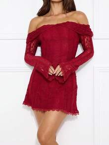 Women's Autumn Lace Ruffle Off Shoulder, Long Sleeve Lace Patchwork Waist A-Line, Elegant, Romantic, Sexy, Pure, Chic Mini Dress For Date, Midnight Party, Music Festival - Red - View 5