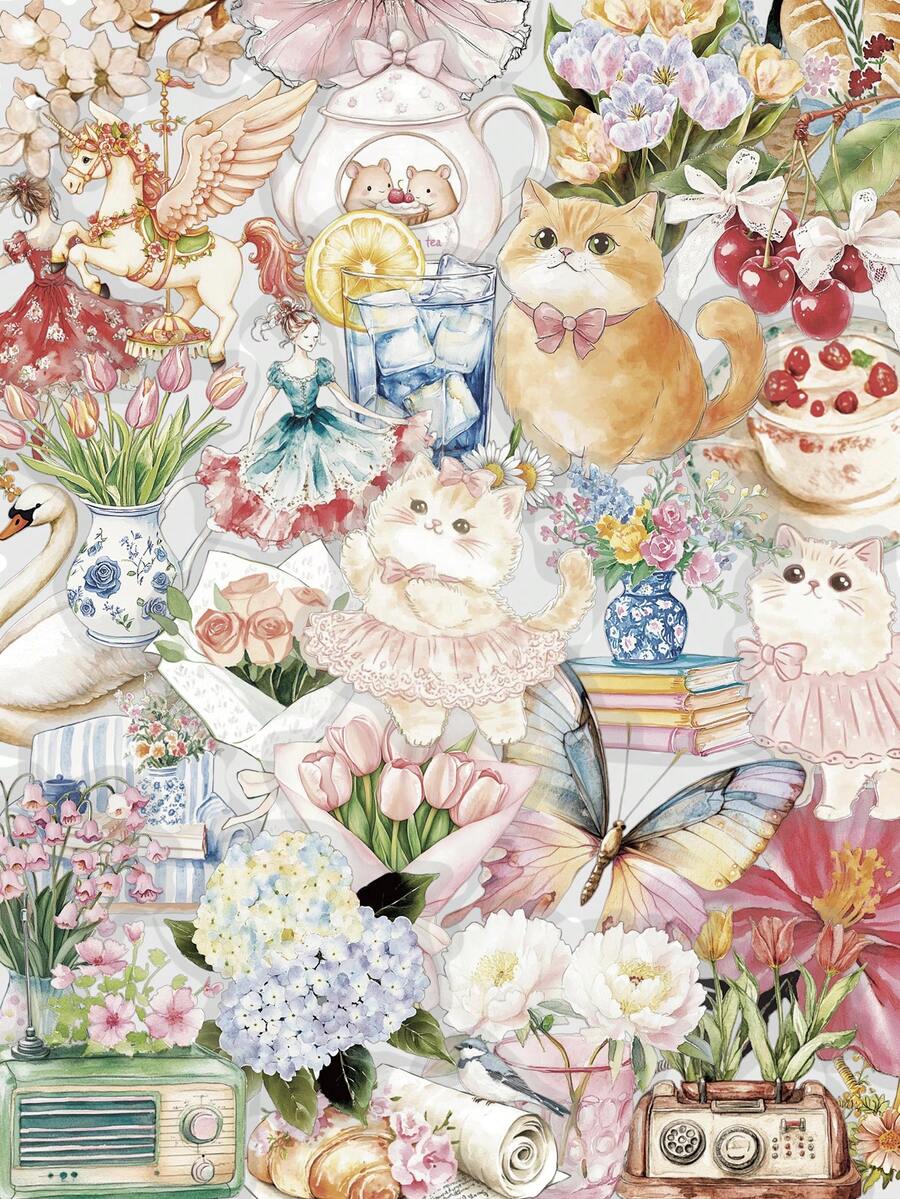 50 Peças Adesivos Florais de Jardim em Aquarela, Feitos de Material PET, Adequados para Decorar Cadernos, Capas de Telefone, Bagagens, Skates, Capacetes, Violões, etc. - Multicolorido - Visão 1