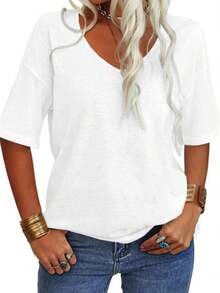 Imily Bela Women's 3/4 Sleeve Shirts V Neck Loose Fitting Tops Casual Solid Color Tshirts  Basic Tunic Summer Ladies Tops - 白色 - 查看 1