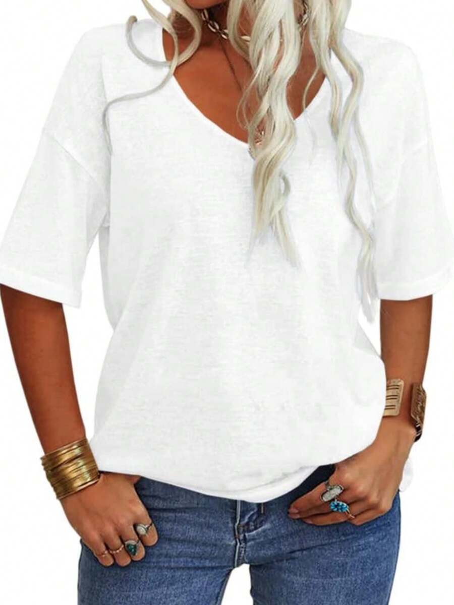 Imily Bela Women's 3/4 Sleeve Shirts V Neck Loose Fitting Tops Casual Solid Color Tshirts  Basic Tunic Summer Ladies Tops - 白色 - 查看 1