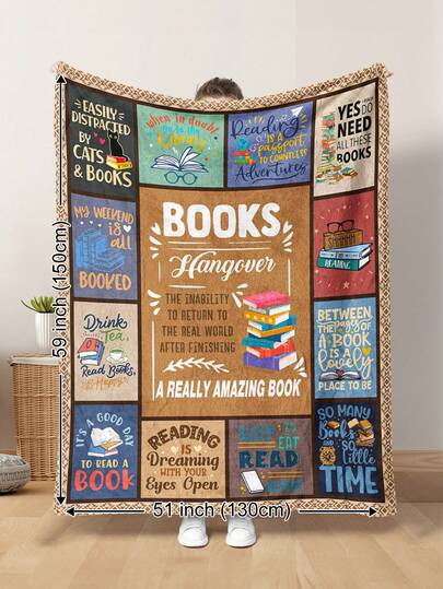 1 件卡通风格“这是我的阅读毯”书架、树、口号图案毛绒毯子，柔软温暖，适合学校宿舍，所有季节，适用于客厅、沙发、休闲椅、卧室、旅行、露营、礼物