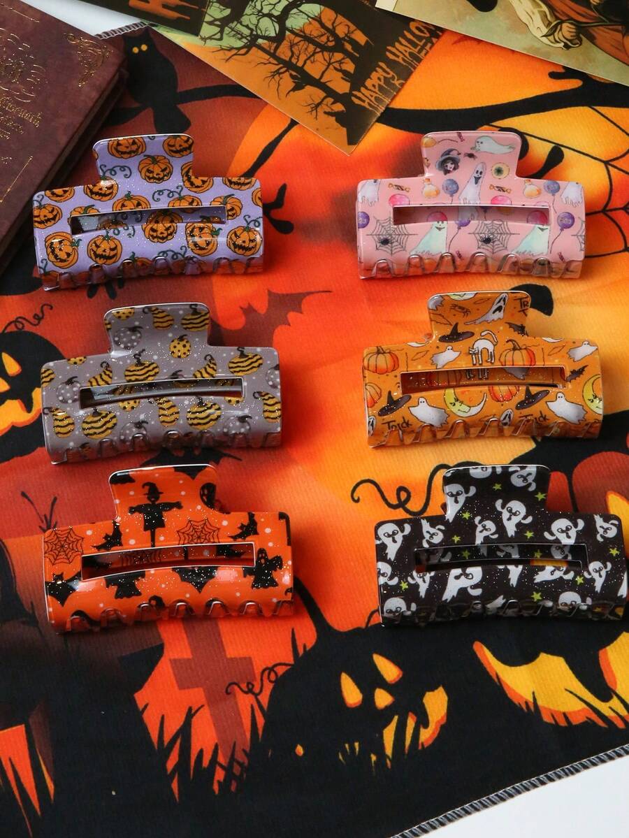 1pc Women's Halloween Pumpkin, Spider, Skull, Bat, Ghost Square Hair Clip, Funny Hair Claw, European & American Hair Accessory Fall Claw Clips Autumn Hair Clutch Fashion Clips For Hair Elegant Winter Hair Accessories For Women For Vacation Outfits Woman