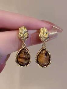 1 对时尚珐琅合金孔雀石色圆形耳钉耳环，经典时尚设计，适合女性 - 棕色 - 查看 7