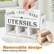 1pc Rustic Wooden Kitchen Utensil Holder, 3-Compartment Wood Storage Box, Countertop & Wall-Mounted Dual-Use Organizer, Multifunctional Kitchen Accessory For Cooking, Eating & Baking Tools Storage - White - View 6