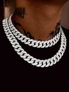 1pc 15mm Cuban Link Chain Curb Chain Necklace,Unisex 3 Rows Rhinestone Hip Hop Necklace Faux Diamond Chain For Father's Day Gift - Diamond - View 1