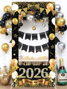 1件2026黑色金色新年快乐相框道具，120*60厘米乙烯基材质，带气球，香槟图案，新年快乐相框横幅，新年背景幕布，背景布，背景装饰，背景幕布，活动摄影配件，新年礼物，新年庆祝用品，新年装饰品 - 彩色 - 查看 7