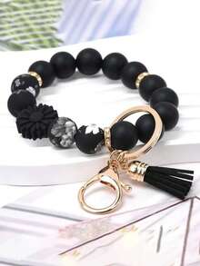 1pc Fashion Keychain Pendant, Bohemian Style Bellis Perennis Yak Pendant, Silicone Cow Pattern Silicone Beaded Tassel Charm Wrist Keychain, Backpack Accessories, Key Anti-Lost Bracelet, Gifts For Friends, Gifts For Mother, Gifts For Girls, Christmas Gifts Halloween Accessories Teachers Day Gift Ideas Bag Accessories Lanyards With Id Holder Car Accessories Bag Charms