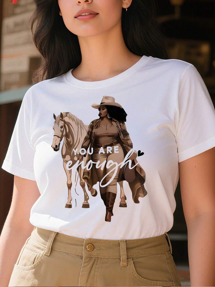 Camiseta negra para mujer Tops casuales de mujer estampado texto motivacional caballo 220 g de algodón puro grueso y cómodo - Blanco - Ver 1
