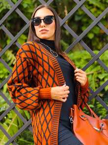 Women's Cardigan Knitting Puff Sleeve Winter Fashion Rhombus - màu nâu - Xem 3