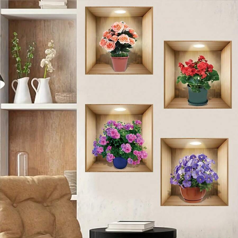 3/4pcs Set Nordic Style Lotus Flower Plant Wall Stickers, Vinyl Decals For Living Room, Bedroom, Dorm, Office Background Wall Decor - Multicolor - View 1