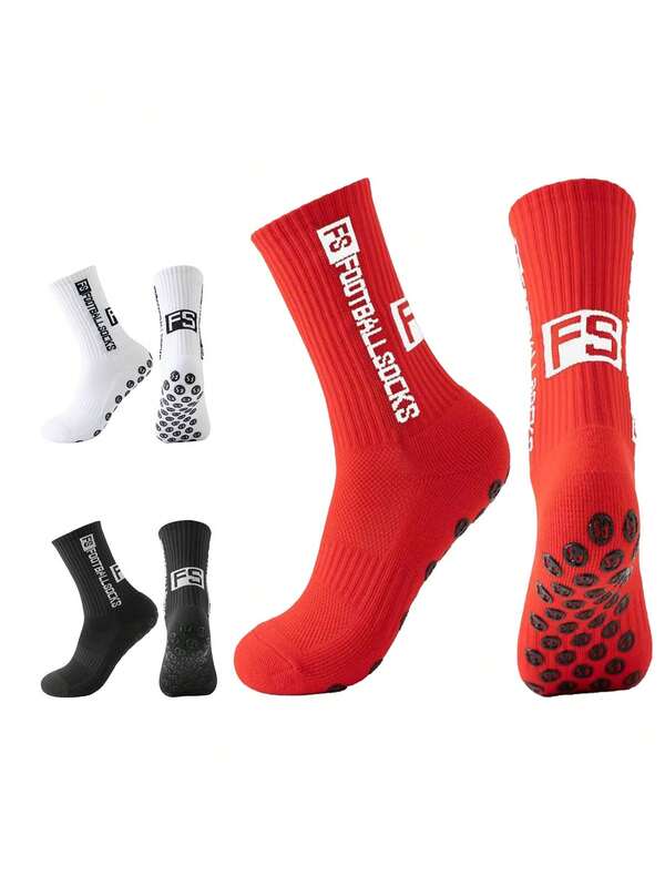 1 Paar personalisierte Fußball-Stil Sportssocken, unisex, Buchstaben-Muster auf Sockenkorpus + rutschfeste Partikel auf der Sohle, geeignet für Fußballsport und lässigen Alltag